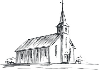 Black and white sketch of a traditional church building with a steeple and cross on top