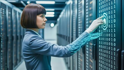 A female technician with a glowing cybernetic arm works on a futuristic holographic server interface in a data center - Powered by Adobe