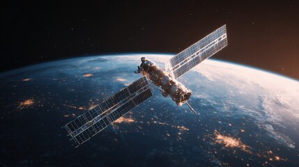Obraz premium satellite orbiting earth at night