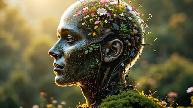 Artificial humanoid head with metallic texture and flowers growing from surface against blurred greenery. Concept of fusion between technology and nature