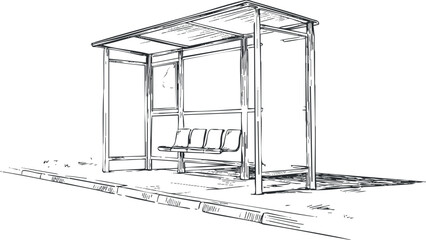 Black and white line drawing of a modern bus stop shelter with bench and roof on sidewalk