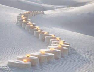 A winding path of illuminated structures in a white desert landscape.