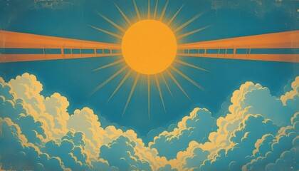  Retro Sky Scene A Vintage Travel Poster Inspired Background with a Classic Blue Sky, Stylized Clouds, and a Radiant Sun,