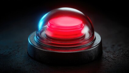 Red button in glass dome, dark backdrop