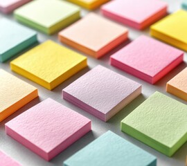 Fototapeta premium A grid of pastel-colored square sticky notes, subtly textured, arranged in an organized pattern on a light gray surface