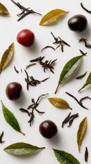Assorted tea leaves and berries on white background