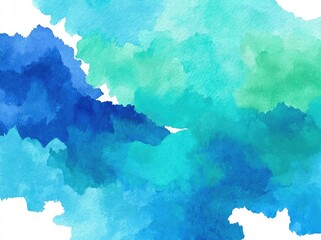 Watercolor wash of layered blues, greens, and teals on a white background. The colors blend together to form an abstract, cloud-like pattern