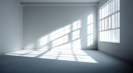 Obraz premium Bright, airy, empty white room with sunlight streaming through large paneled window, creating light and shadow patterns on the floor and walls