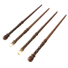 witch craft supplies Four intricately designed magic wands arranged in a row.