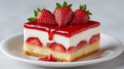 strawberry cheesecake dump cake slice, rich layers of fluffy cream cheese filling, golden cake base, gooey strawberry pie filling oozing between layers, topped with glossy fresh strawberries and syrup