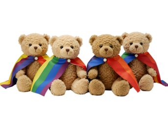 Four Teddy Bears in Rainbow and Red Capes on white background