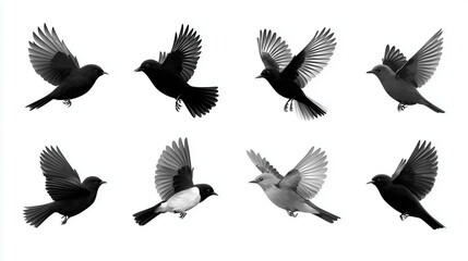 Obraz premium Twelve distinct black bird outlines with varying wing spans and body angles creating a lively visual., isolate on white background