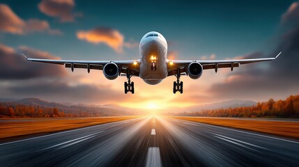 Fototapeta premium Airplane Taking Off at Sunset Overrunway with Soft Clouds and Vibrant Skies in Background