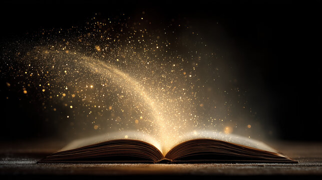 Ai magical light and sparkles emerge from an open book on a dark background during a creative moment of inspiration