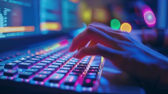 Hacker uses keyboard, shakes buttons with fingers to crack password. Internet security concept, cyber attack. Neon pink color.