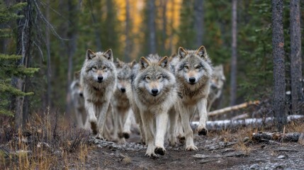 A group of six wolves is seen walking on a forest trail amidst tall trees. The early morning light filters through the foliage, creating a serene atmosphere.