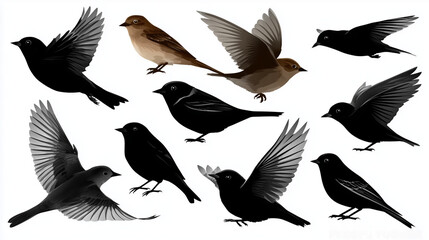 Twelve distinct black bird outlines with varying wing spans and body angles creating a lively visual., isolate on white background