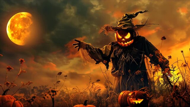 Spooky Halloween scene with glowing jack-o -lanterns in a foggy pumpkin field and a haunted scarecrow silhouetted against the moon. Perfect for holiday horror and creepy seasonal designs.