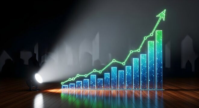 A glowing blue and green bar graph with an upward trending line is illuminated by a spotlight on a wooden surface.
