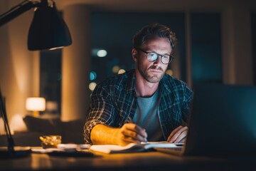 Man working late at home office on a laptop, planning startup finances with notebook and smartphone, cozy modern interior.