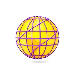 Obraz premium Illustration of a yellow globe with purple grid lines, representing the world, isolated on white background