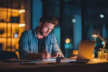 Man working late at home office on a laptop, planning startup finances with notebook and smartphone, cozy modern interior.