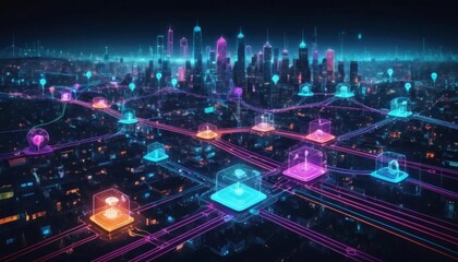 Fototapeta premium Vibrant city network with glowing nodes and futuristic digital connections illuminating the night sky