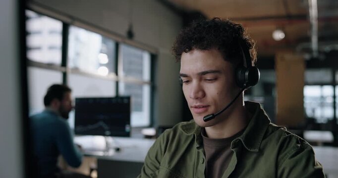 Call center, computer and man in office with headset for online sales, consulting and lead generation. Professional, telemarketing and person with mic for customer contact, communication and advice