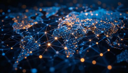 Global network connections light up digital world map, showcasing interconnected technology and data flow
