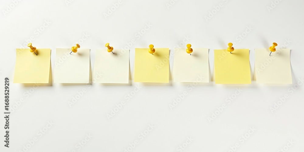 Aufkleber sticky notes mockup with yellow push pins arranged in a row on white background for office organizat