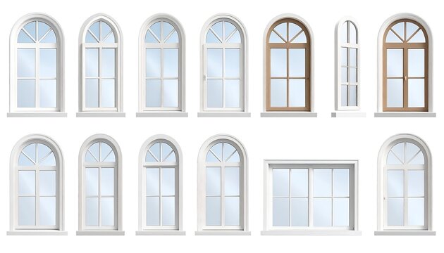 A collection of varied arched and rectangular windows, presented in a neat arrangement against a white background. They feature detailed frames and multiple panes of glass, some with wooden elements