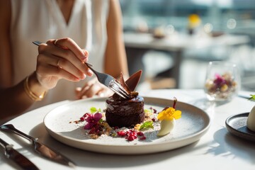 Person enjoying a gourmet dessert in a bright cafe, elegant plating, soft natural light.