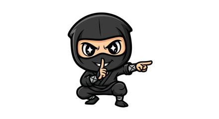 Cartoon Ninja Character in Black Outfit Pointing and Shushing.