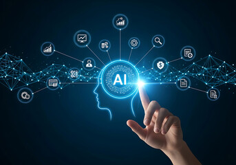 Human finger interacts with futuristic ai hologram interface of artificial intelligence