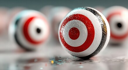 Close up of a target orb with a bullseye pattern reflecting light and water droplets on a textured surface
