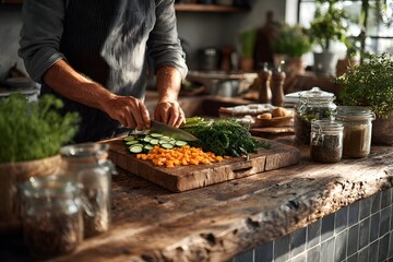 Man chopping vegetables in kitchen feels peaceful joy slicing crisp vibrant cucumbers and carrots.