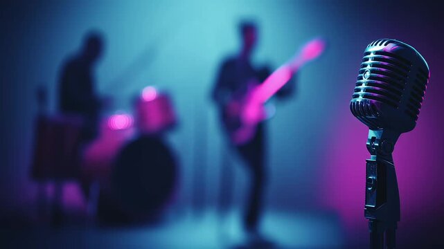 Vintage microphone with men playing guitar and drums in blurred background. Live music show, performance, concert, karaoke footage.