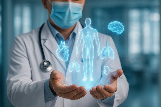 AI generated doctor holding glowing hologram of human body with brain heart lungs and kidneys symbolizing modern diagnosis digital healthcare and advanced medical innovation in a futuristic setting