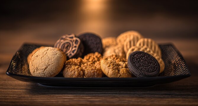 Assorted cookies on dark plate