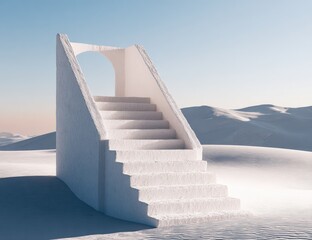 White steps ascend into an archway in a snowy landscape.