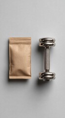 A kraft paper pouch sits beside a chrome dumbbell on a light gray background; a minimalist fitness or nutrition concept