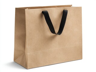 A kraft paper shopping bag with black ribbon handles, set against a pure white background, displays a simple, elegant design