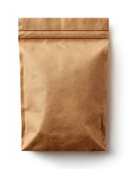 A kraft paper stand-up pouch with a resealable zipper top, isolated on a white background.  It's unprinted and appears empty