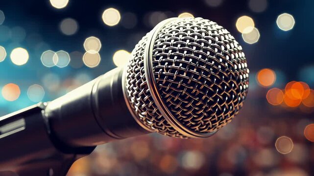 Close up of a microphone on stage in front of a blurred audience with bokeh lights, a concert and live performance footage.