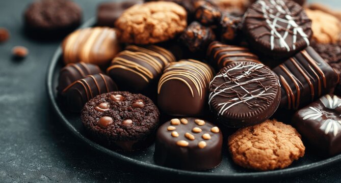 Assorted chocolate treats on dark plate