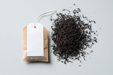 A kraft paper tea bag with a blank tag sits beside a loose-leaf pile of dark, dried tea leaves on a light gray surface