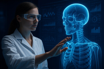 AI generated image of a female scientist in white coat using smart glasses interacting with a glowing blue hologram skull for futuristic medical research and digital health analysis