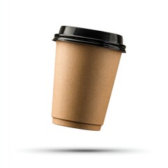 A kraft paper to-go cup with a black plastic lid floats against a stark white background, casting a subtle shadow