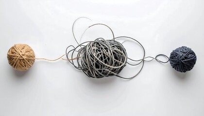 A close-up of three yarn balls of different colors, arranged in a row on a white surface. The middle ball is a tangled mess of yarn, while the other two are neat and tidy