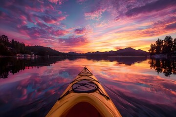 Vibrant sunset, calm lake, kayaking at twilight.
